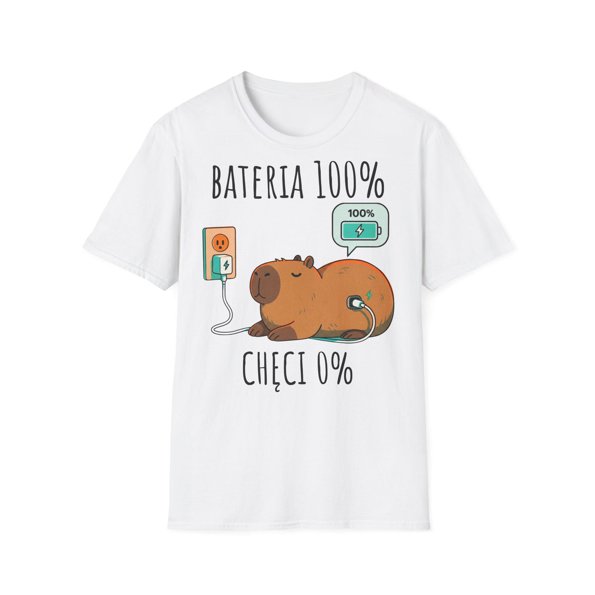 Bateria 100% Chęci 0% – Śmieszna Koszulka z Kapibarą